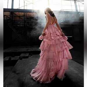 Mac Duggal 55320 HIGH LOW TIERED GOWN WITH BUILT IN BODYSUIT Rose Pink sz 4